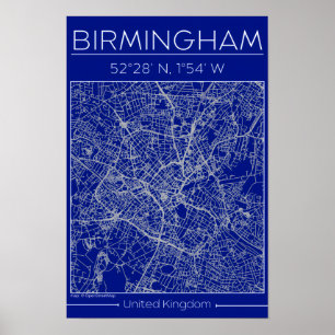 Poster Mapa da Cidade de Birmingham em Blueprint Minimali