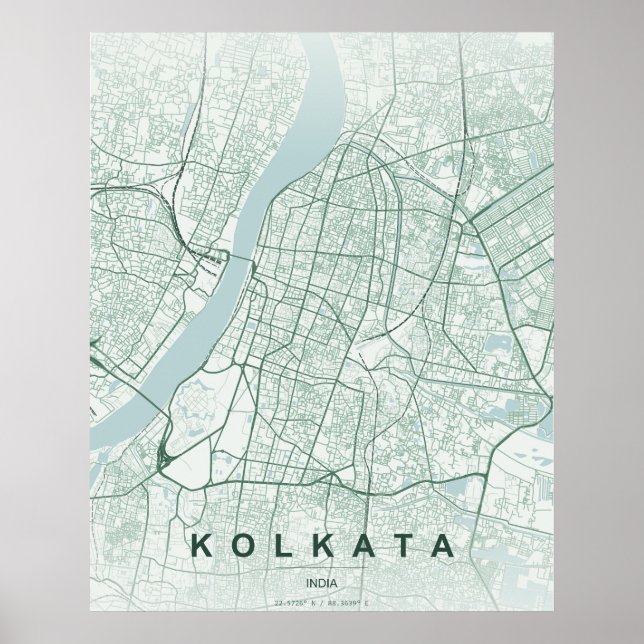 Poster Mapa da Cidade de Calcutá na Índia em Design Minim (Frente)