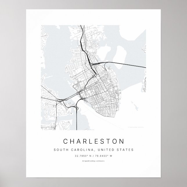 Poster Mapa da Cidade de Charleston SC em Arte Minimalist (Frente)