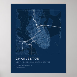 Poster Mapa da Cidade de Charleston SC em Azul Marinho Ar