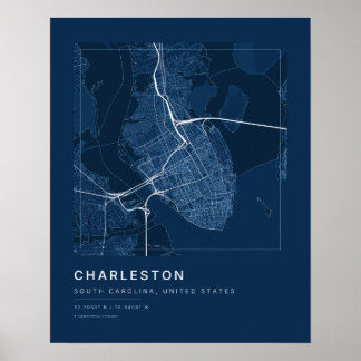 Poster Mapa da Cidade de Charleston SC em Azul Marinho Ar