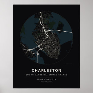 Poster Mapa da Cidade de Charleston SC em Preto em Arte I