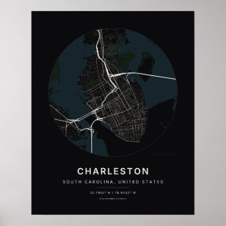 Poster Mapa da Cidade de Charleston SC em Preto em Arte I