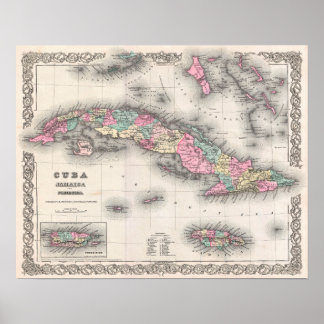 Poster Mapa da cidade de Cuba, Jamaica, Porto Rico