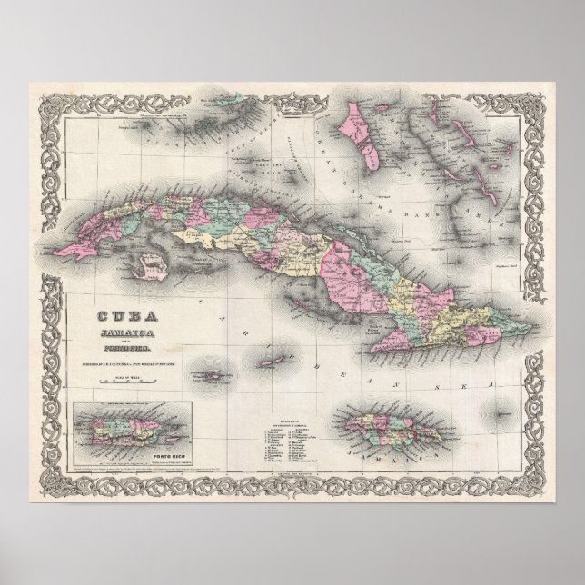 Poster Mapa da cidade de Cuba, Jamaica, Porto Rico (Frente)
