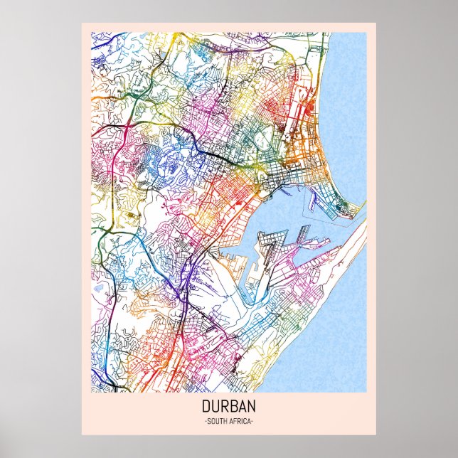 Poster Mapa da cidade de Durban na África do Sul (Frente)