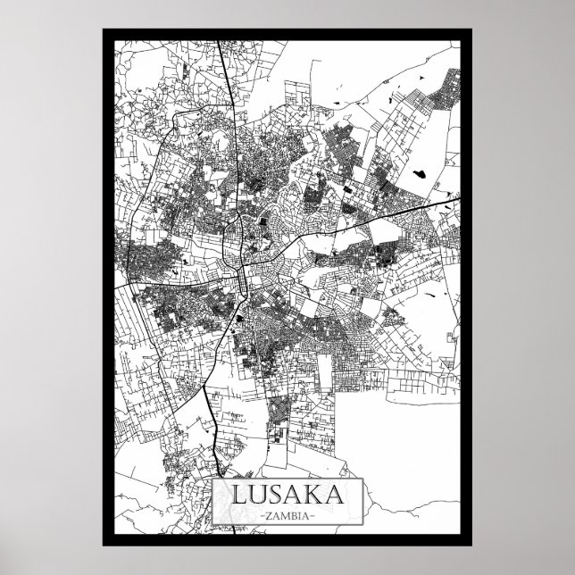 Poster Mapa da Cidade de Lusaca Zâmbia (Frente)