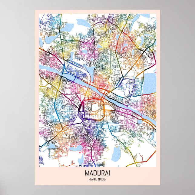 Poster Mapa da Cidade de Madurai Tamil Nadu (Frente)