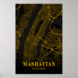 Poster Mapa da cidade de Manhattan Dourado NYC Urban Stre