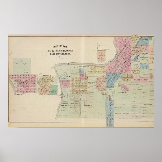 Pôster Mapa da Cidade de Mankato, Minnesota (Frente)