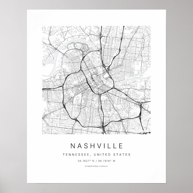 Poster Mapa da cidade de Nashville TN em estilo minimalis (Frente)