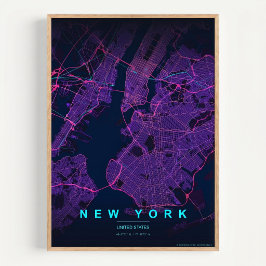 Poster Mapa da Cidade de Nova York Arte de Parede Neon NY