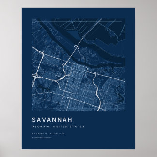 Poster Mapa da cidade de Savannah GA em azul marinho impr
