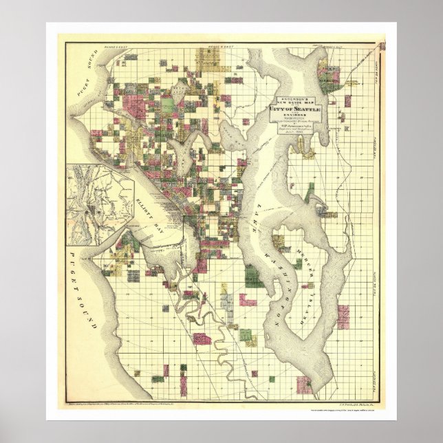 Pôster Mapa da Cidade de Seattle 1890 (Frente)