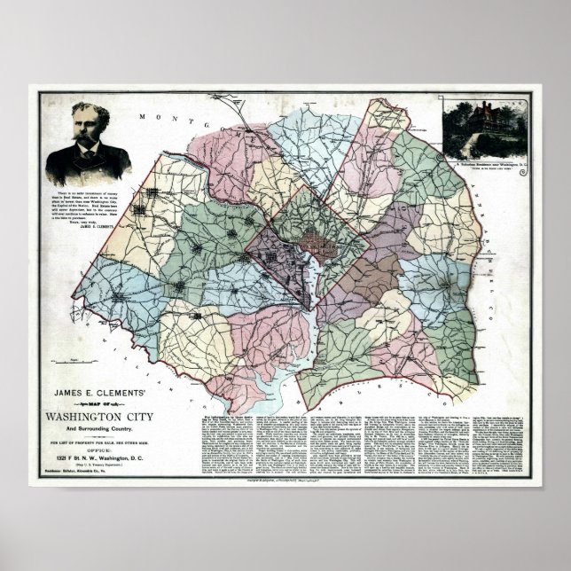Poster Mapa da cidade de Washington em 1891 e do país cir (Frente)