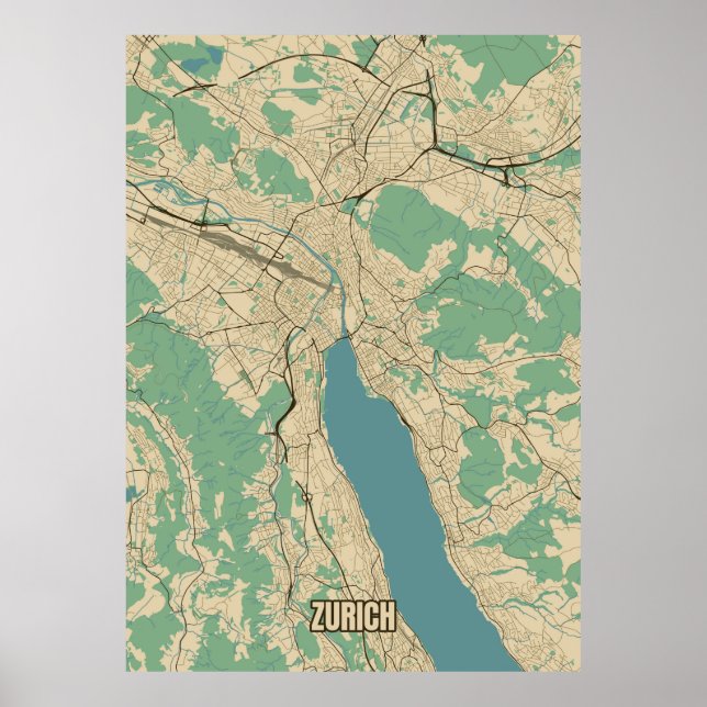 Poster Mapa da cidade de Zurique, Suiça (Frente)