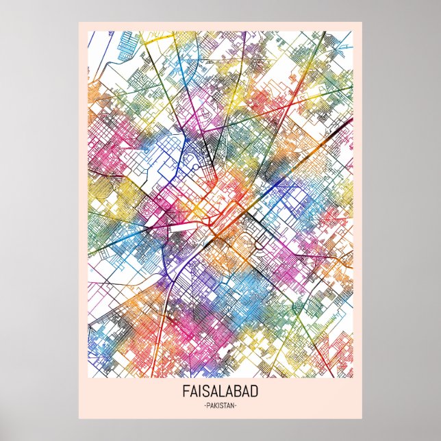 Poster Mapa da Cidade do Paquistão em Faisalabad (Frente)