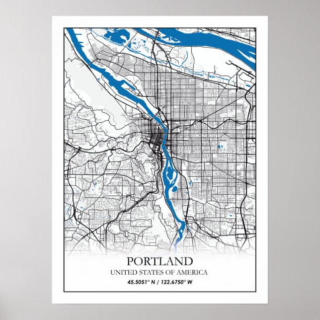 Poster Mapa da Cidade do Viagem, nos EUA, em Portland (Frente)