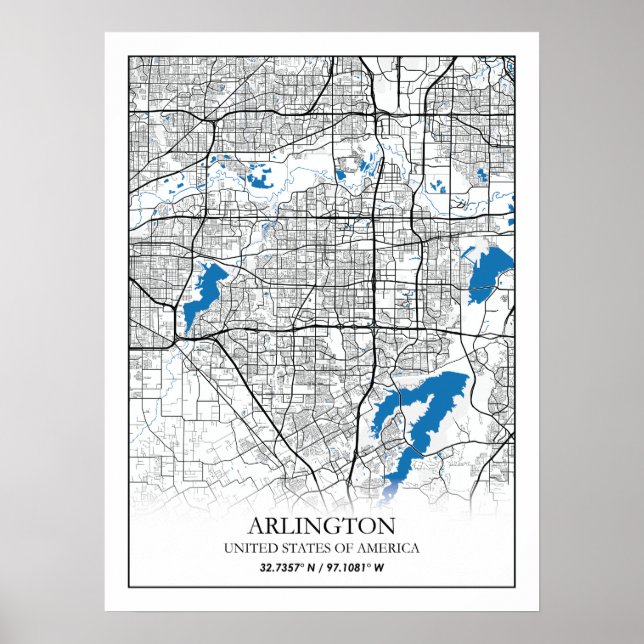 Poster Mapa da Cidade Viagem de Arlington Texas EUA (Frente)