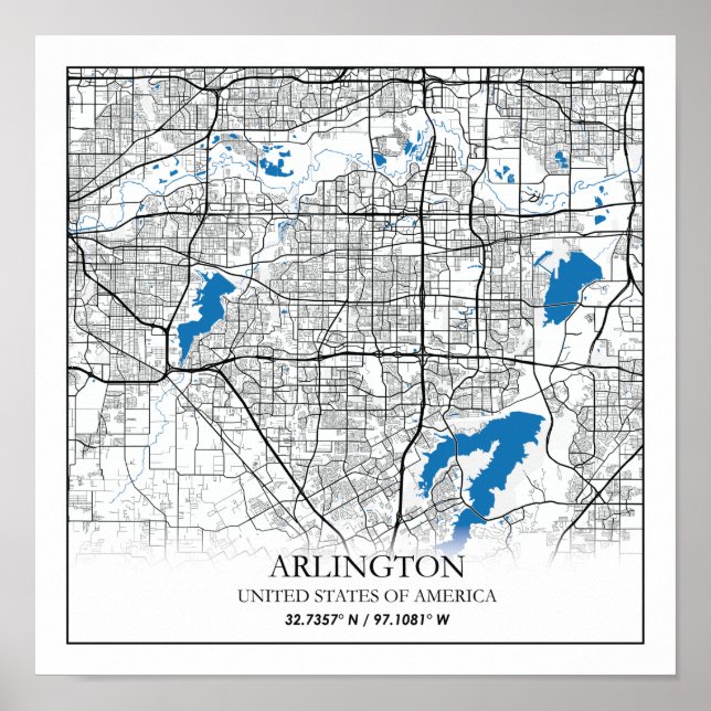 Poster Mapa da Cidade Viagem de Arlington Texas EUA (Frente)