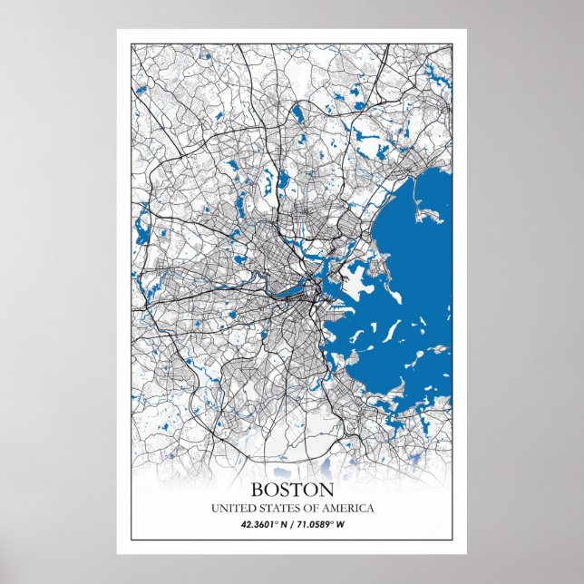Poster Mapa da Cidade Viagem de Boston Massachusetts EUA (Frente)