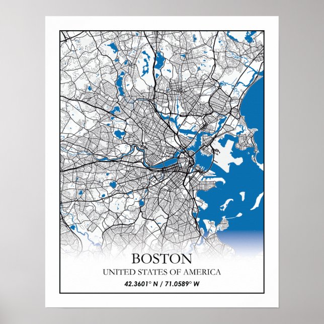 Poster Mapa da Cidade Viagem de Boston Massachusetts EUA (Frente)