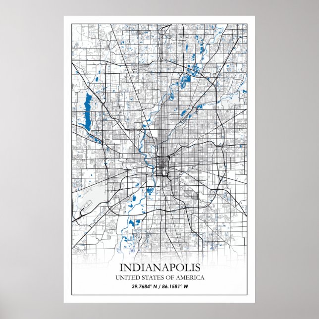 Poster Mapa da Cidade Viagem de Indianapolis Indiana EUA (Frente)