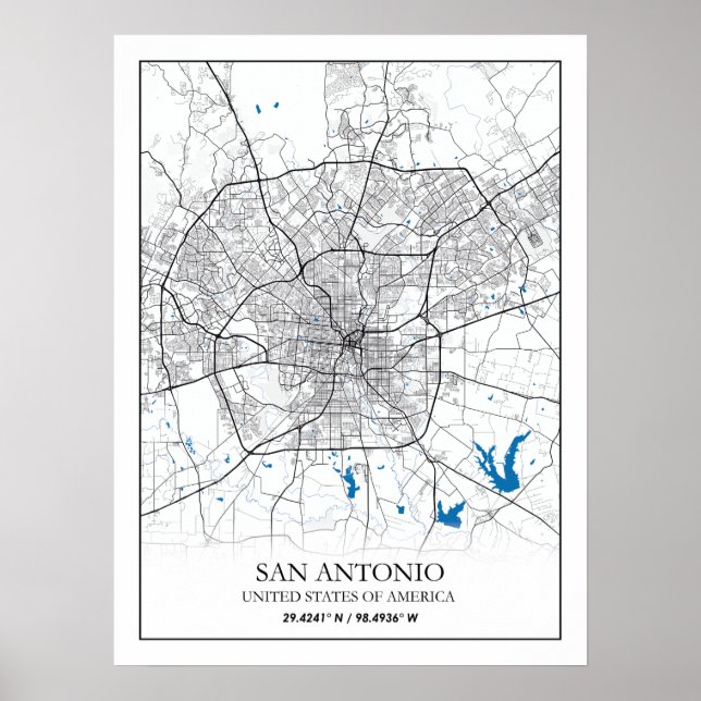 Poster Mapa da Cidade Viagem de San Antonio Texas EUA (Frente)