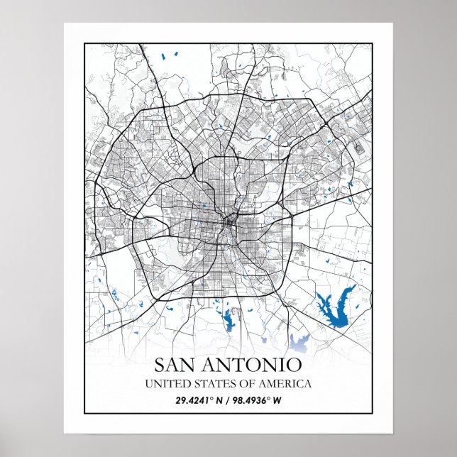 Poster Mapa da Cidade Viagem de San Antonio Texas EUA (Frente)