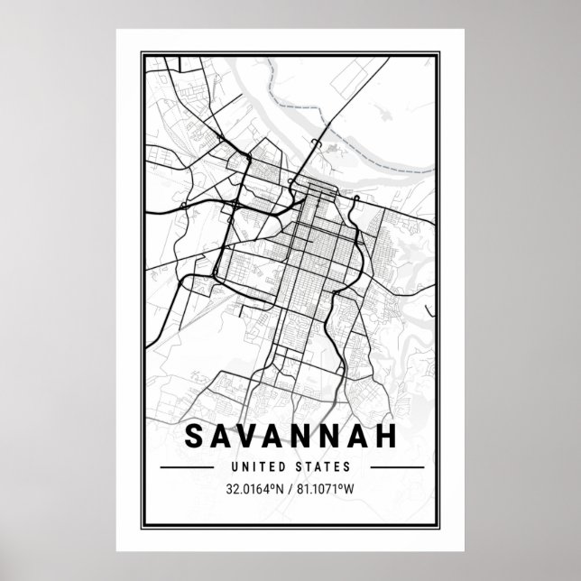 Poster Mapa da Cidade Viagem nos EUA de Savannah Georgia (Frente)