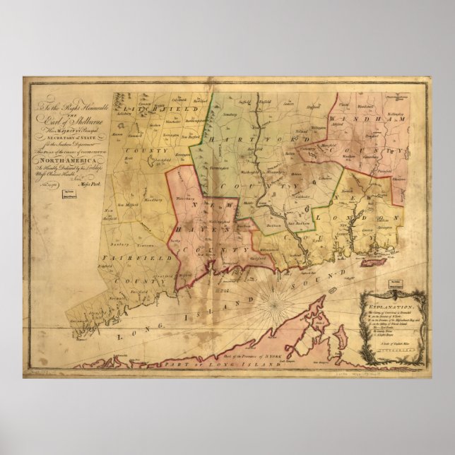 Pôster Mapa da Colônia de Connecticut em 1766 (Frente)
