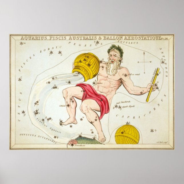 Poster Mapa da Constelação de Vintage Aquarius (1825) (Frente)