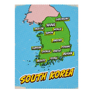 Pôster Mapa da Coreia do Sul ilustrado em Pop Art
