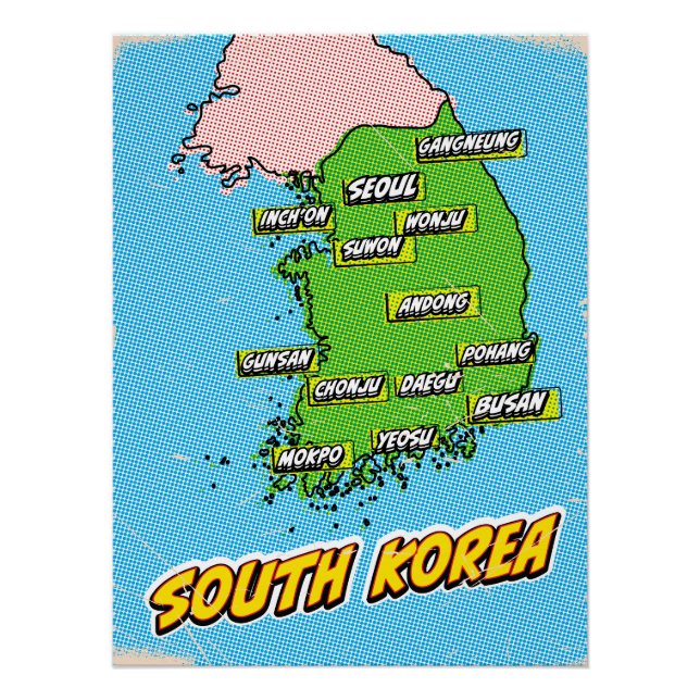 Pôster Mapa da Coreia do Sul ilustrado em Pop Art (Frente)