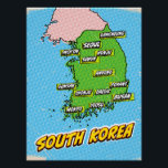 Pôster Mapa da Coreia do Sul Ilustrado por pop Art<br><div class="desc">Um mapa do estilo pop da Coreia do Sul com um fundo azul brilhante e um padrão pontilhado.</div>