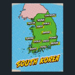 Pôster Mapa da Coreia do Sul Ilustrado por pop Art<br><div class="desc">Um mapa do estilo pop da Coreia do Sul com um fundo azul brilhante e um padrão pontilhado.</div>