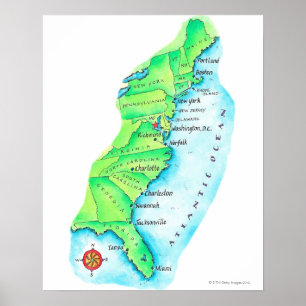 Poster Mapa da costa leste americana