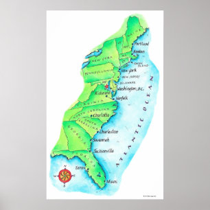 Pôster Mapa da costa leste americana