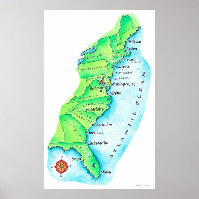 Pôster Mapa da Costa Leste Americana (Frente)