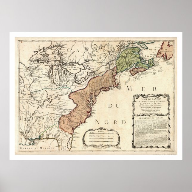 Pôster Mapa da Costa Leste e do Canadá 1756 (Frente)