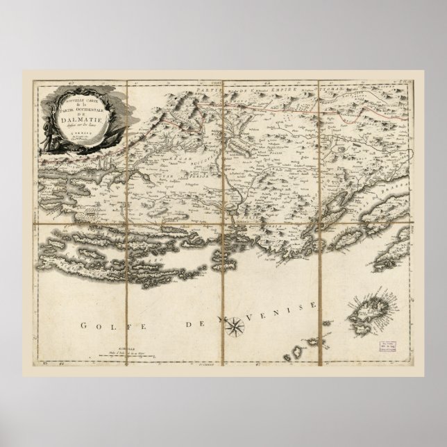 Poster Mapa da Dalmácia, Costa e Ilhas da Croácia (1780) (Frente)
