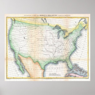 Pôster Mapa da declinação magnética dos Estados Unidos