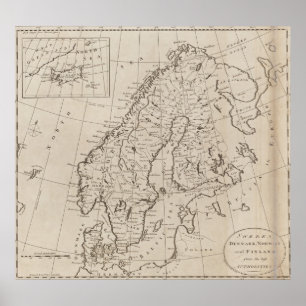 Pôster Mapa da Escandinávia em Vintage (1800)