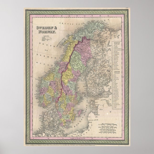 Poster Mapa da Escandinávia em Vintage (1850) (Frente)