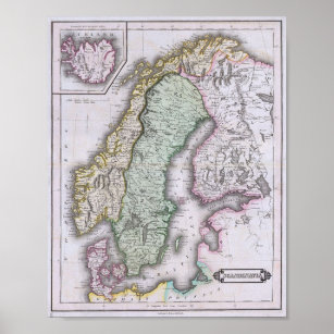 Poster Mapa da Escandinávia, Noruega, Suecias, Finlândia,