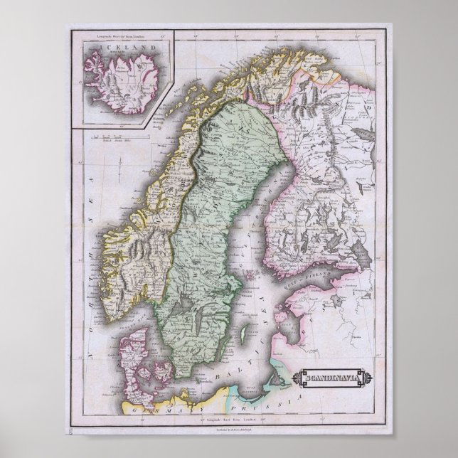 Poster Mapa da Escandinávia, Noruega, Suecias, Finlândia, (Frente)