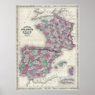 Poster Mapa da Espanha e da França (1865)