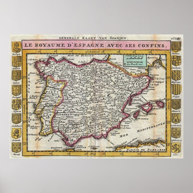 Póster Mapa antigo da Espanha e Portugal na década de 170