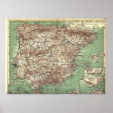 Póster Mapa de Século 19 Espanha e Portugal 