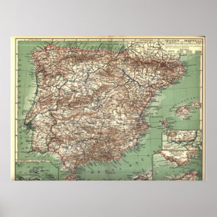 Pôster Mapa da Espanha e de Portugal da WWI